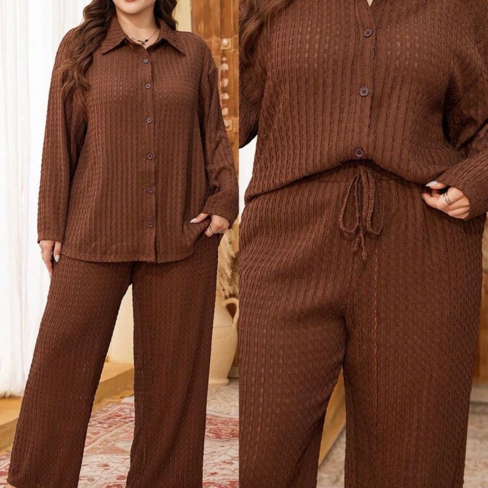 Cozy Textured Brown Button-Up 2 pc Set